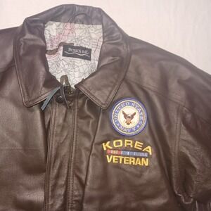 Burk's Bay Leather Jacket US Navy Korean War Vet Embroidered  Brown LARGE VTG